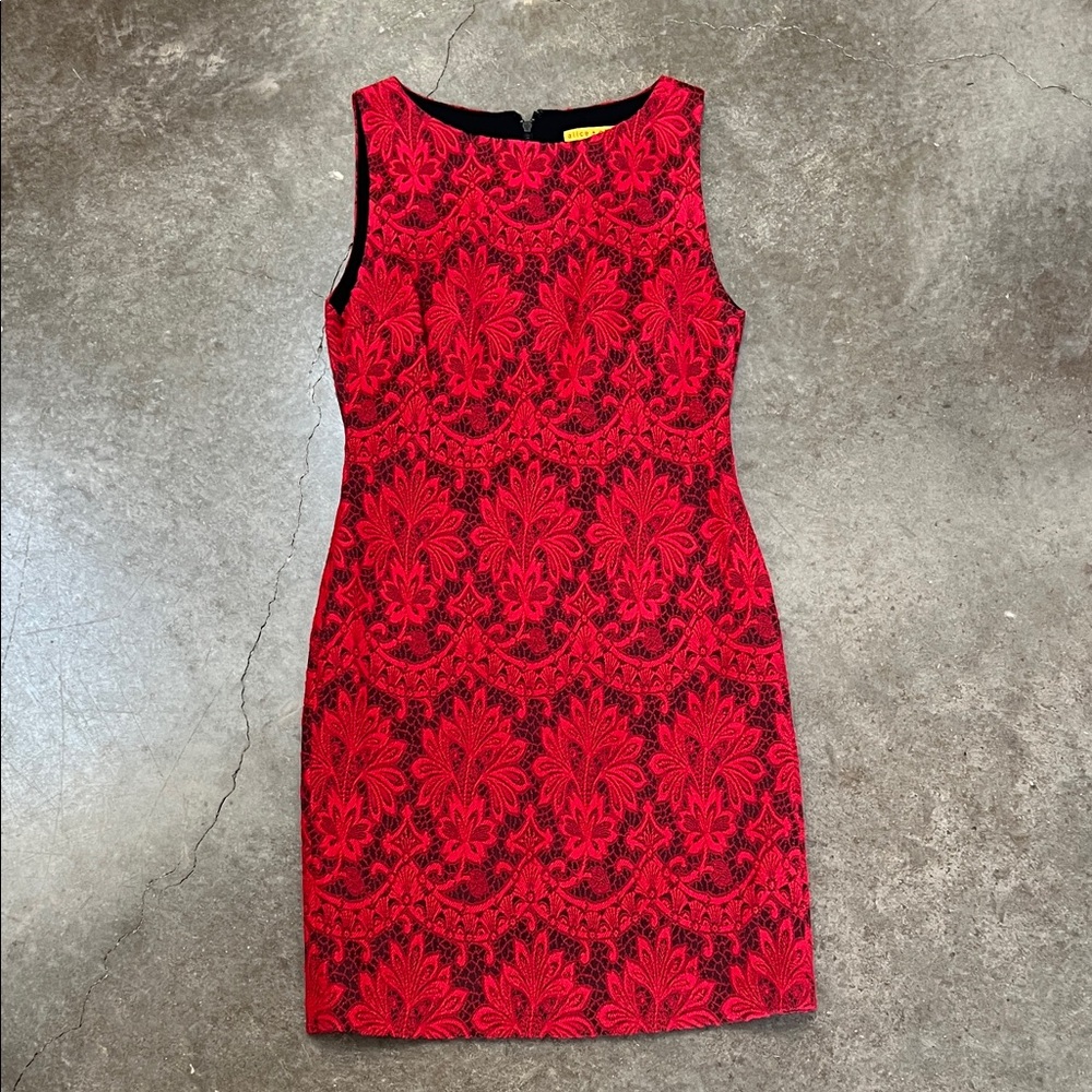 Alice + Olivia Red Black lace sheath Dress size 6 Valentine’s Day